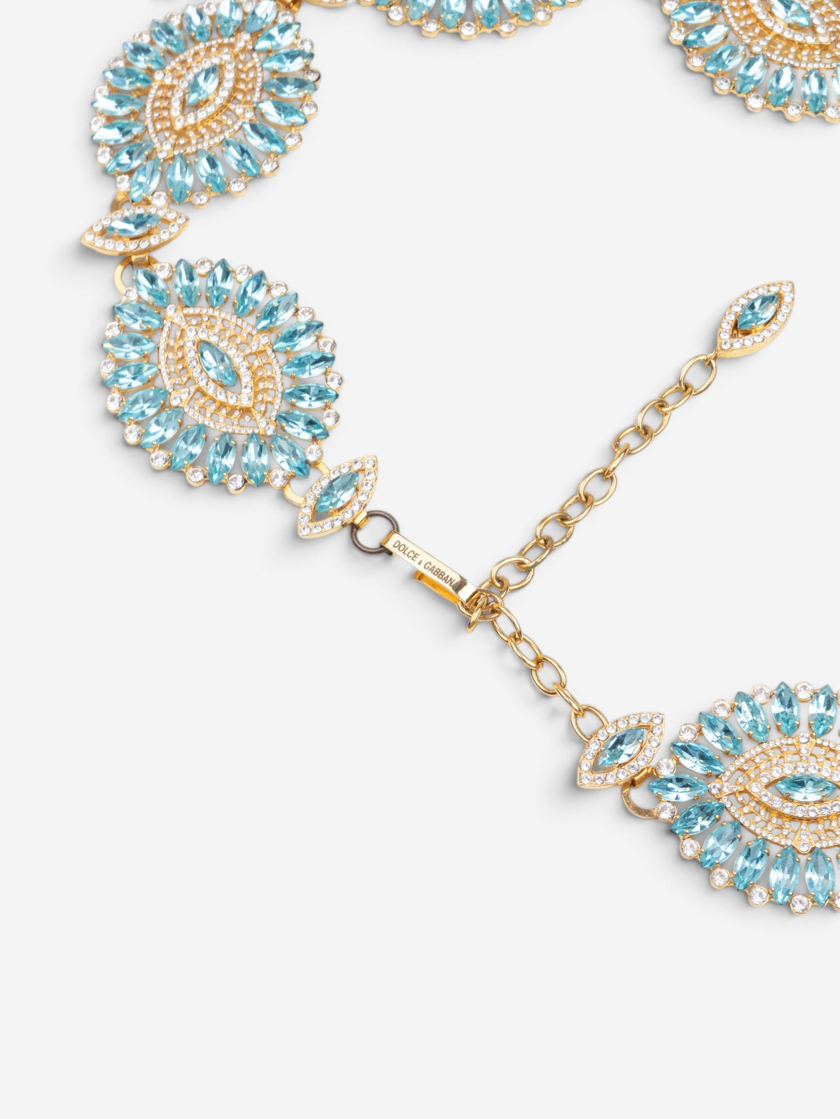 Dolce & Gabbana 2000s Turquoise Swarovski Crystal Gold-Colored Metal Chain Belt – photo 7