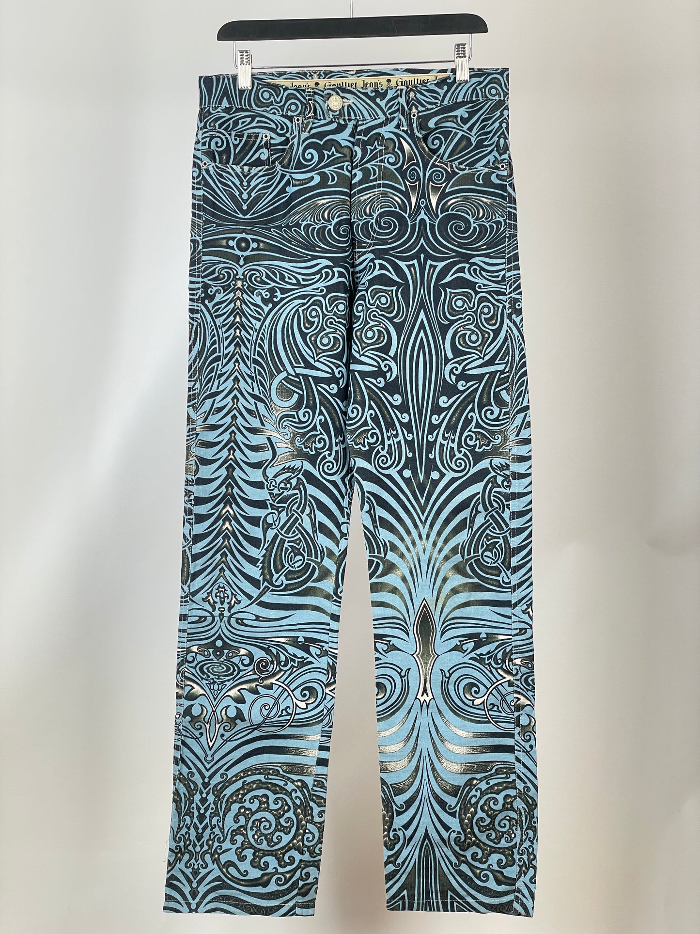 Jean Paul Gaultier SS96 CYBERBABA Maori Tribal-Tattoo Print Denim Jeans