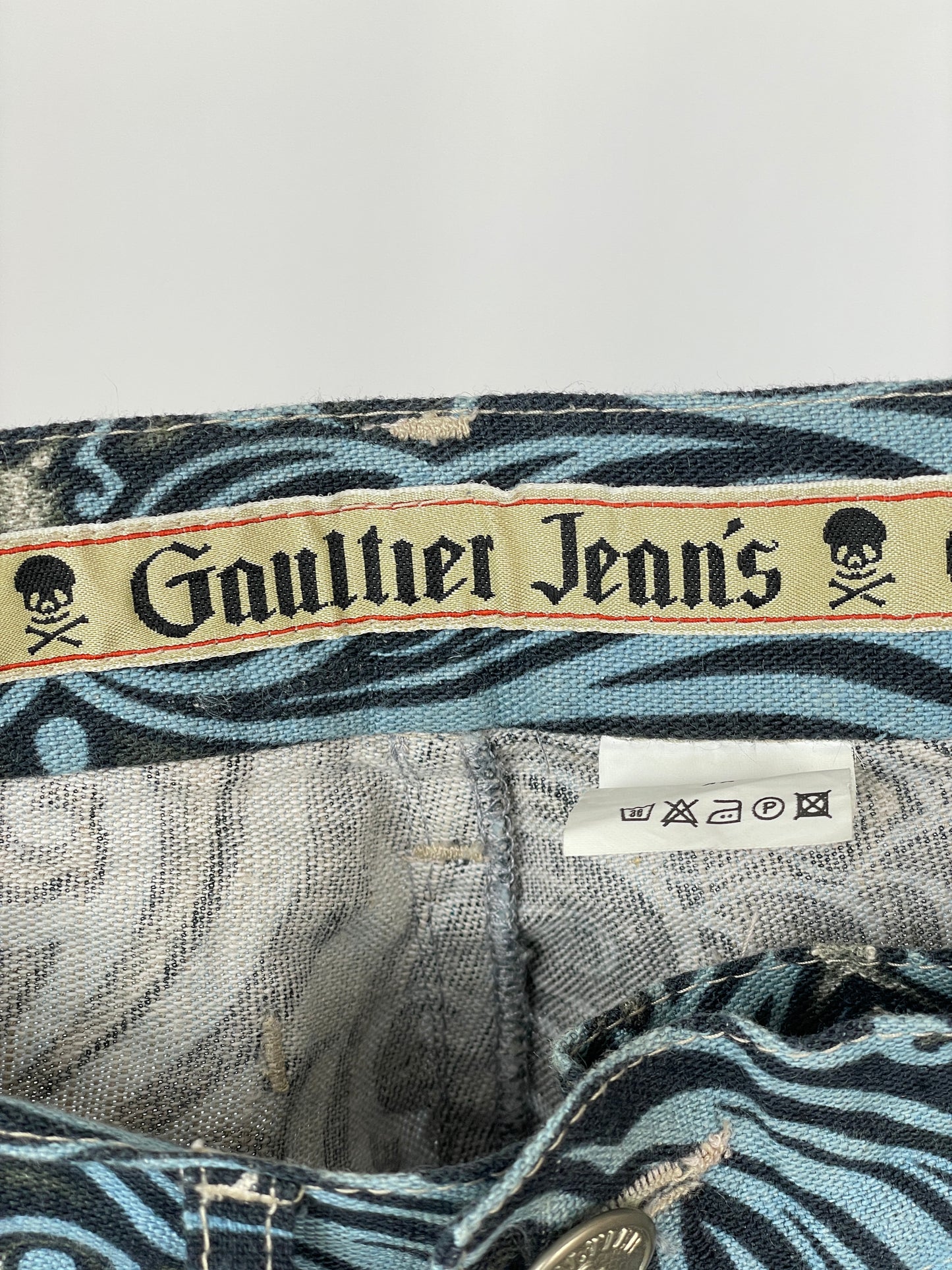 Jean Paul Gaultier SS96 CYBERBABA Maori Tribal-Tattoo Print Denim Jeans