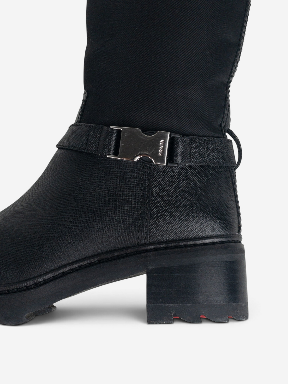 Prada 2000s Hybrid Buckle Biker Boots – buckle and heel detail