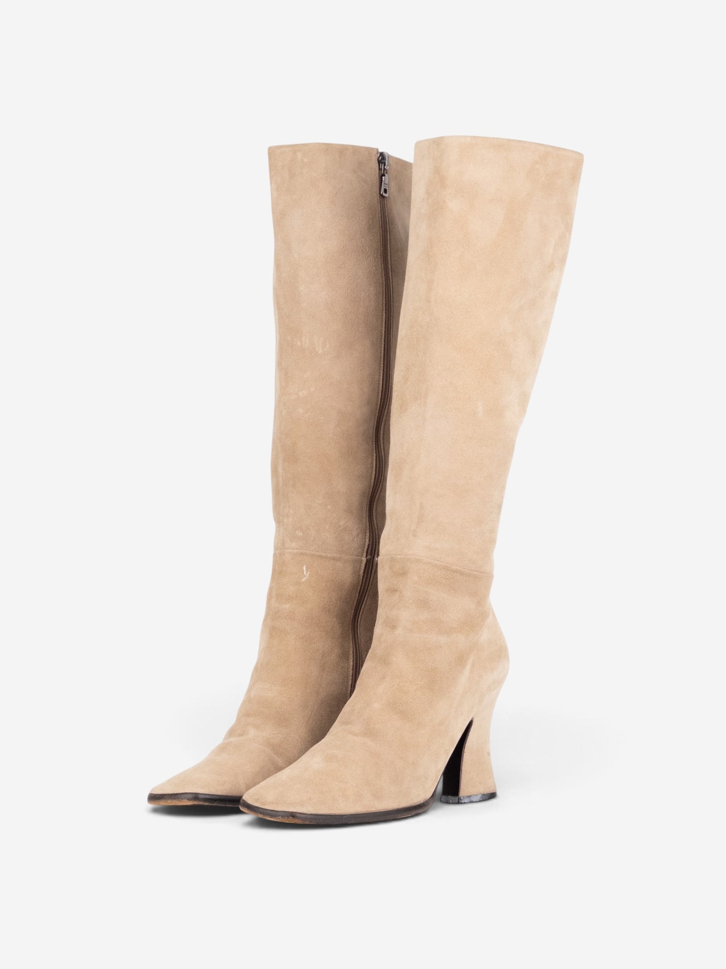 Prada 2000s Knee High Suede Sculptural Heel Boots – front view