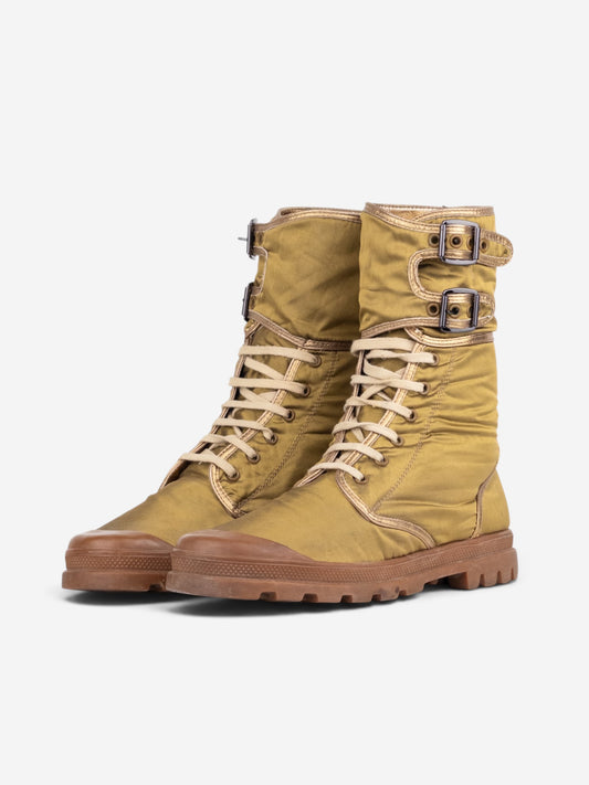 Helmut Lang AW03 Metallic Gold-Colored Bondage Combat Boots – front view