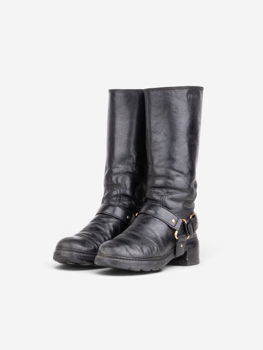 Prada 2000s Knee-High Biker Harness Riding Boots – front view