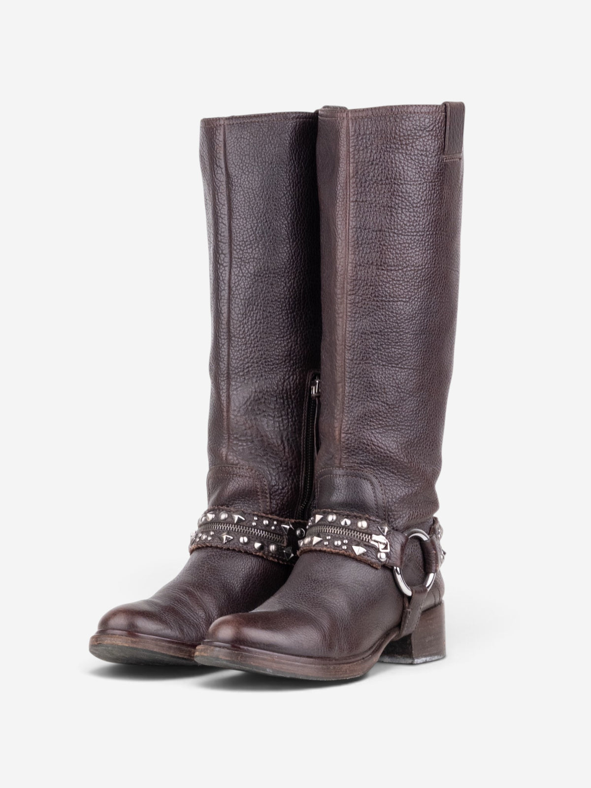 Miu Miu 2000s Knee-High Studded Harness Biker Riding Boots – front view