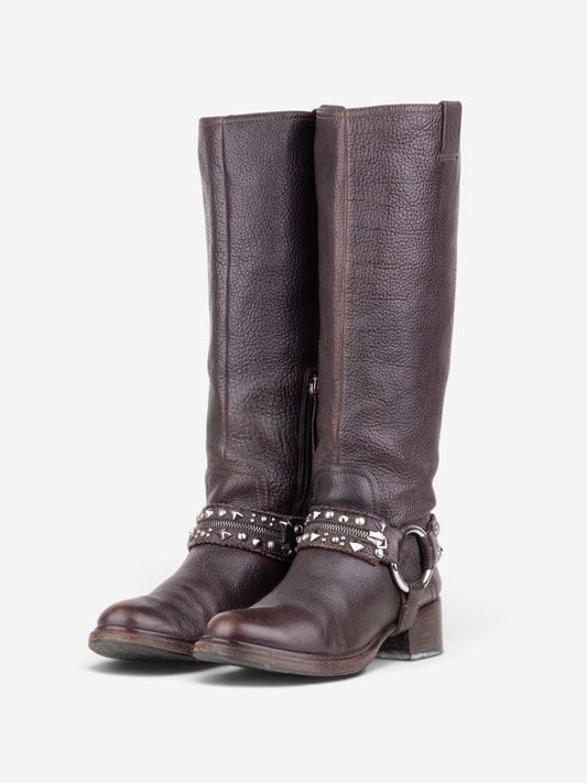 Miu Miu 2000s Knee-High Studded Harness Biker Riding Boots – front view