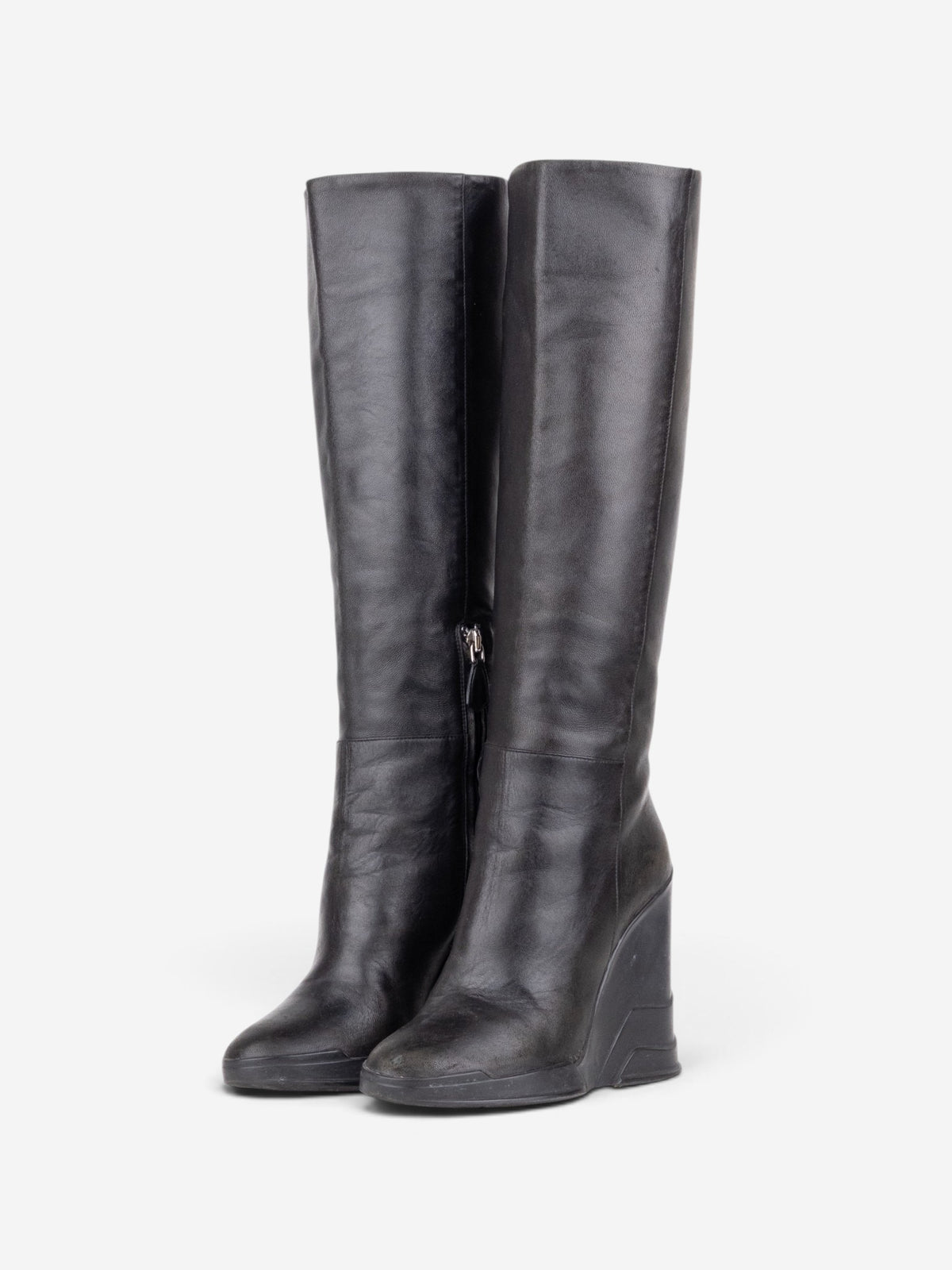 Prada AW14 Knee-High Biker Moto Wedge Boots – front view