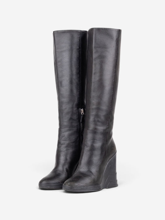 Prada AW14 Knee-High Biker Moto Wedge Boots – front view