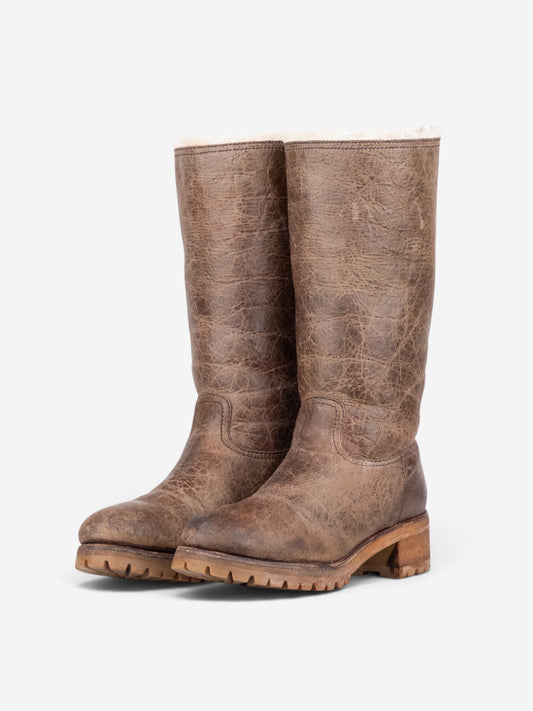 Prada AW11 Knee-High Shearling Paint Biker Moto Boots – front view