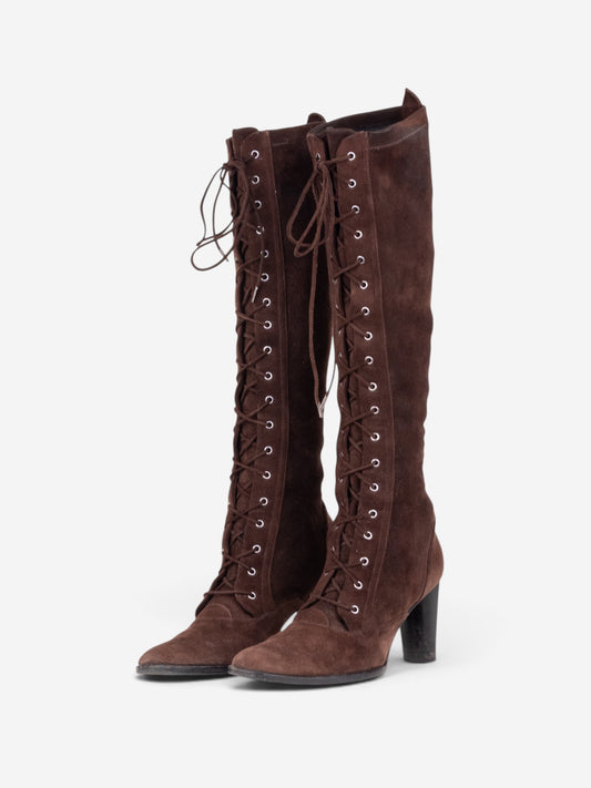 Dior by Galliano 2000s Knee-High Lace-Up Suede Heel Boots – front view