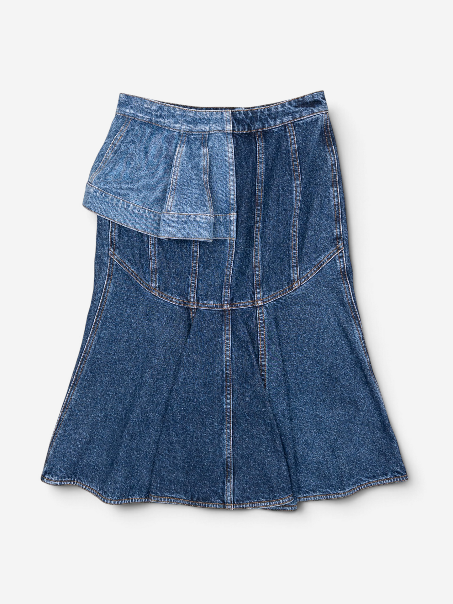 Alexander McQueen SS19 Panelled Ruffle Denim Midi Skirt