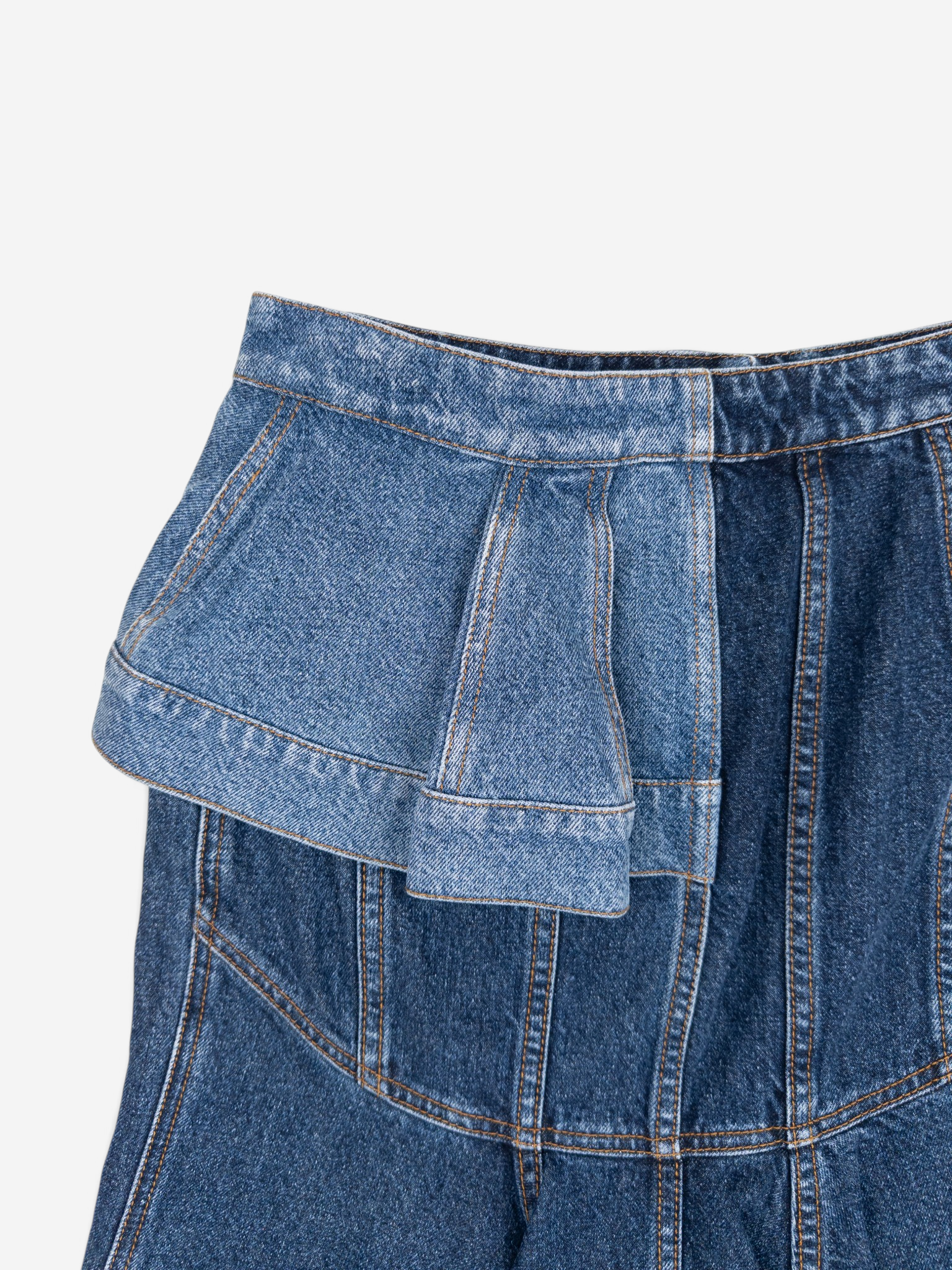 Alexander McQueen SS19 Panelled Ruffle Denim Midi Skirt