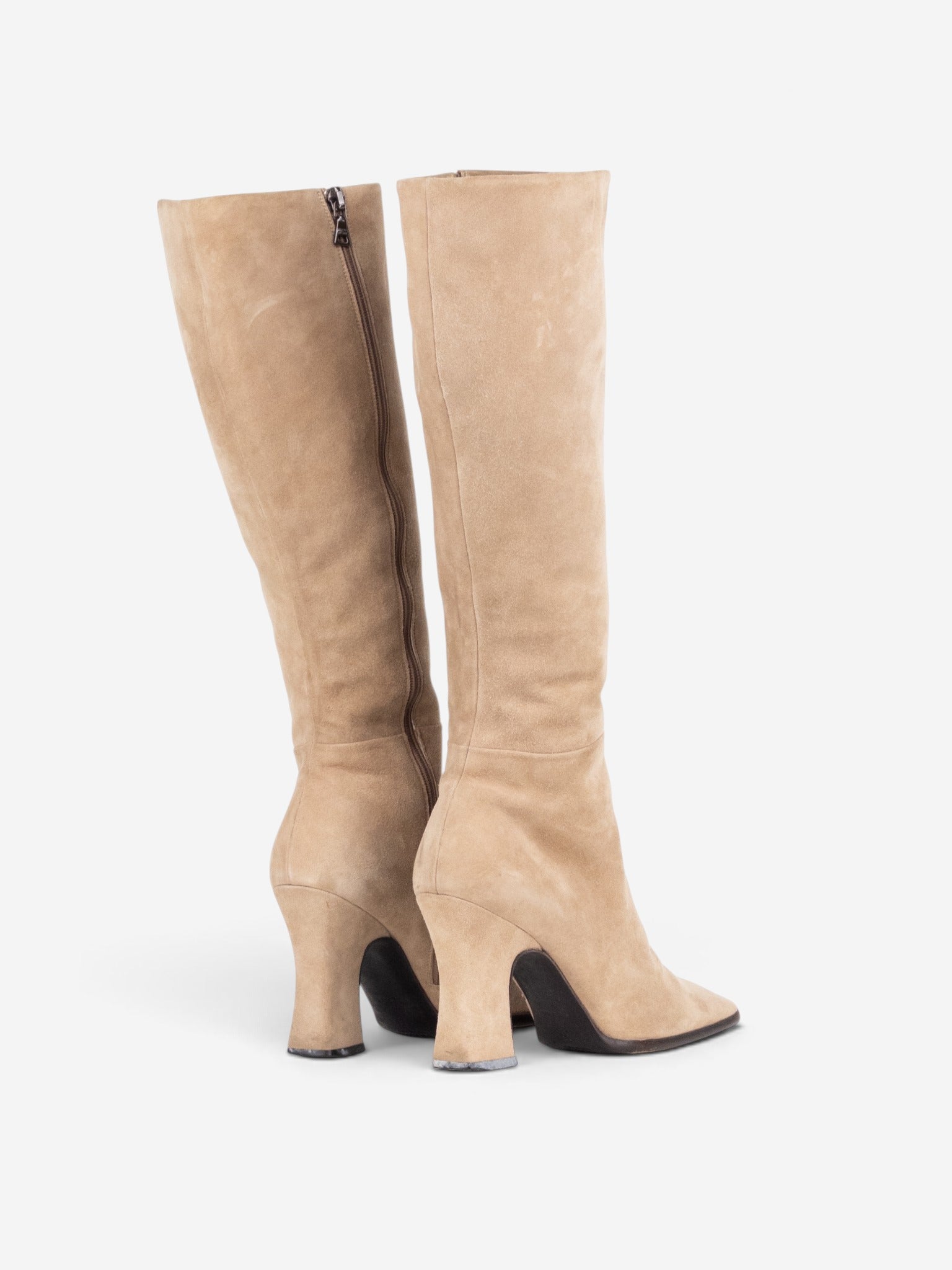 Prada 2000s Knee High Suede Sculptural Heel Boots – angled view