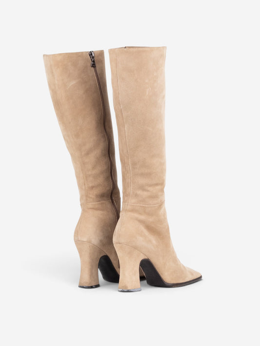 Prada 2000s Knee High Suede Sculptural Heel Boots – angled view