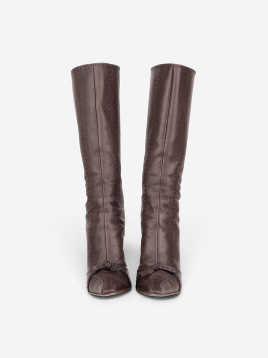 Prada 2000s Knee High Bow Heel Boots – angled view