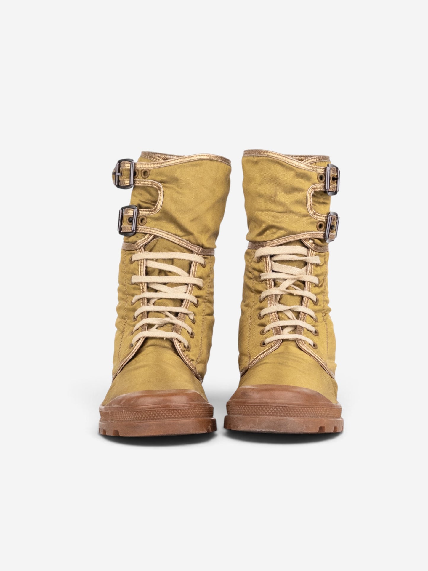 Helmut Lang AW03 Metallic Gold-Colored Bondage Combat Boots – angled view