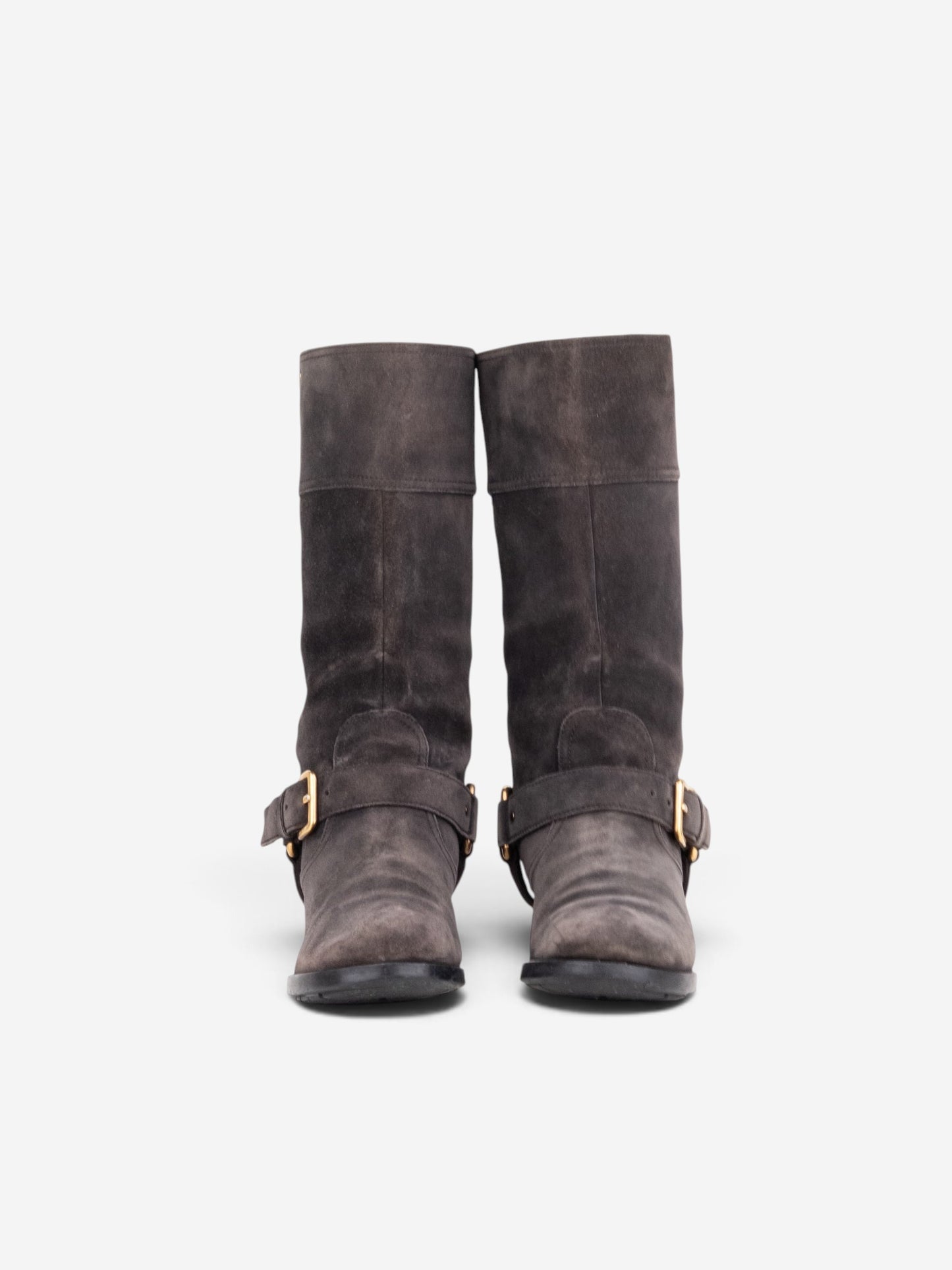 Prada 2000s Mid Calf Suede Biker Boots – angled view