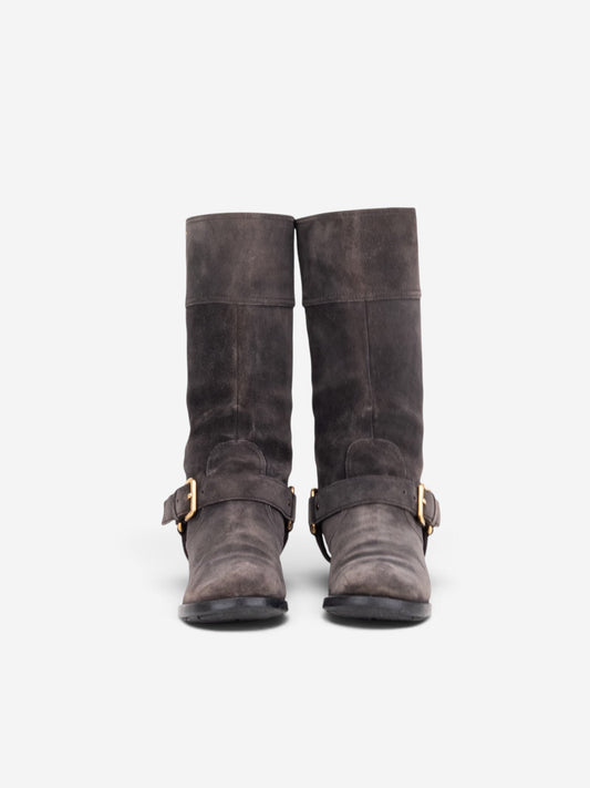 Prada 2000s Mid Calf Suede Biker Boots – angled view