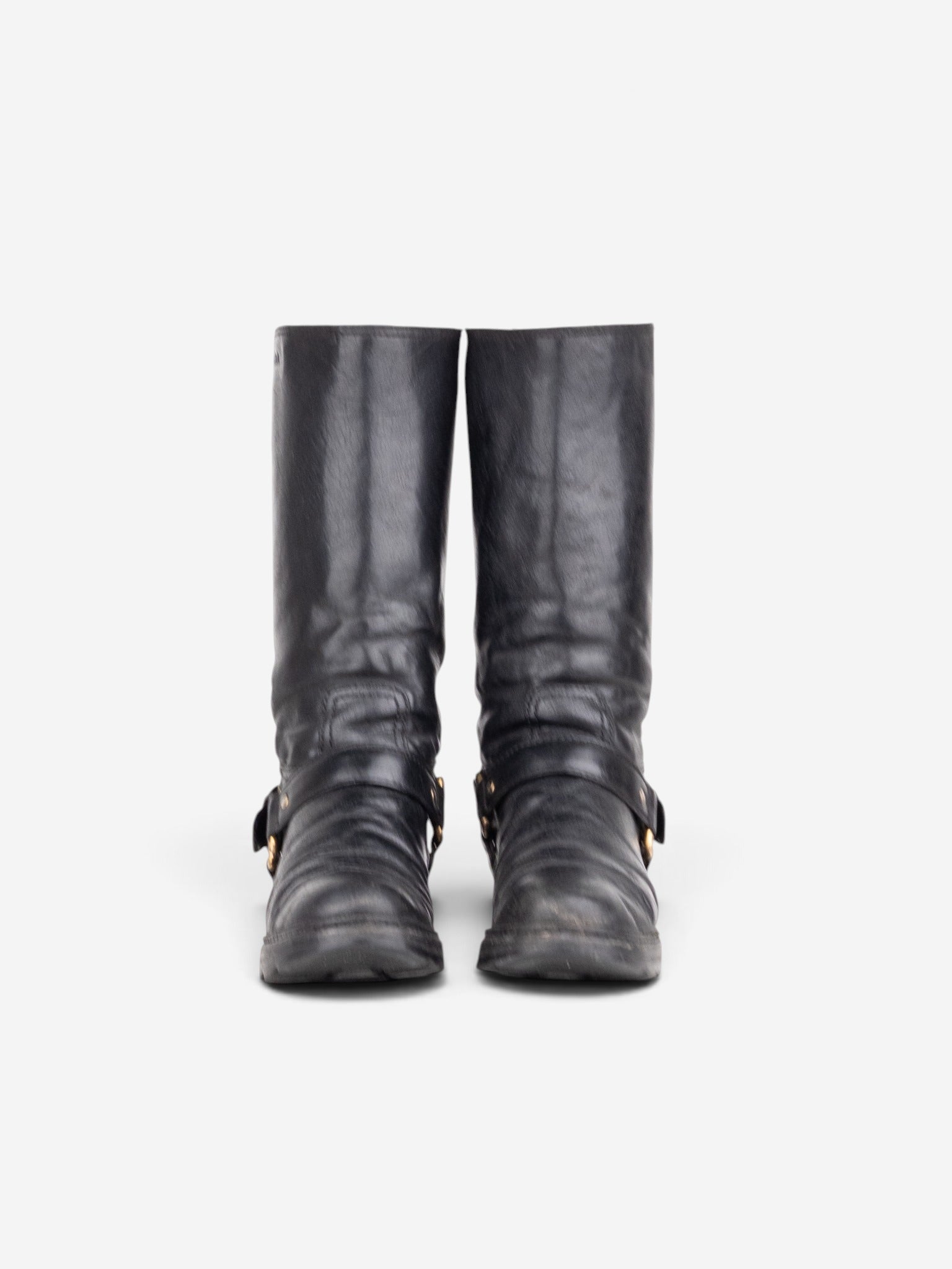 Prada 2000s Knee-High Biker Harness Riding Boots – angled view