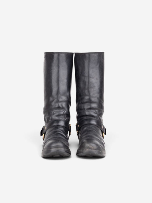 Prada 2000s Knee-High Biker Harness Riding Boots – angled view