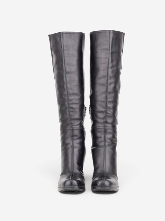 Prada 2000s Knee High Nylon Sidestripe Heel Boots – angled view