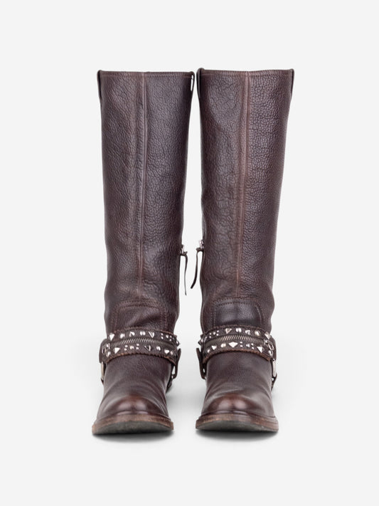 Miu Miu 2000s Knee-High Studded Harness Biker Riding Boots – angled view
