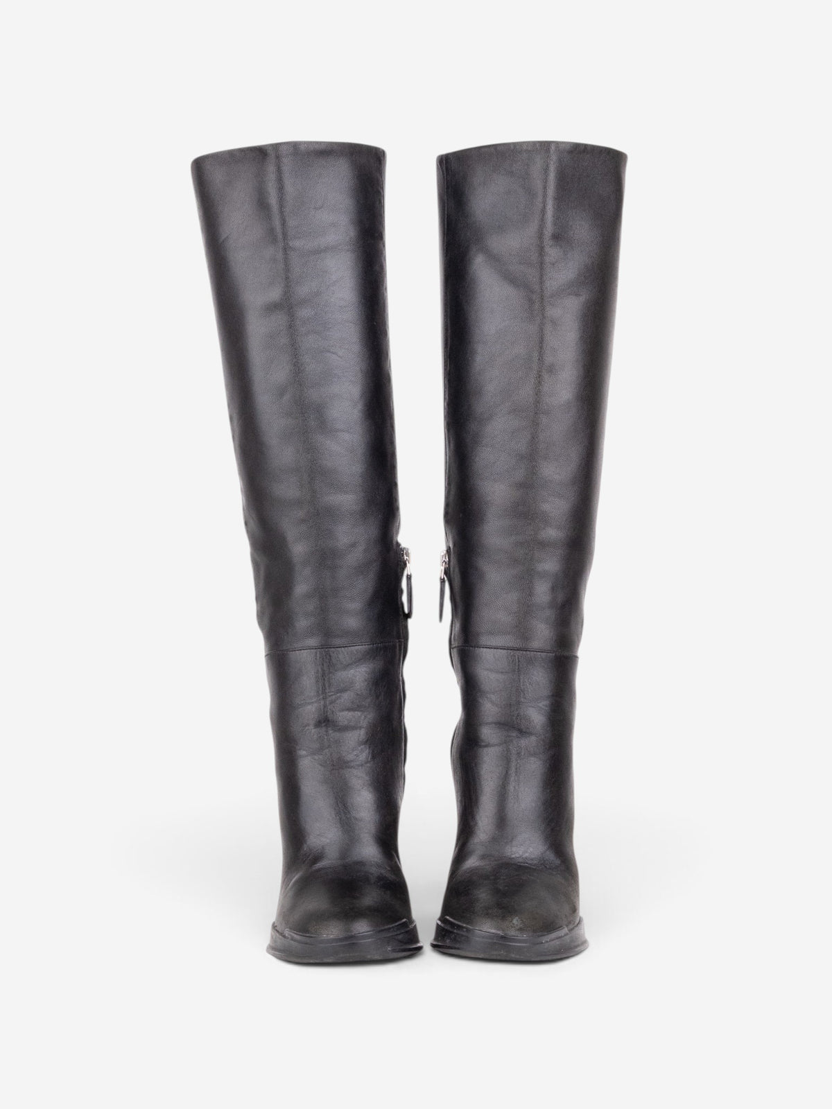 Prada AW14 Knee-High Biker Moto Wedge Boots – angled view