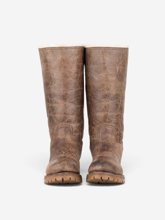 Prada AW11 Knee-High Shearling Paint Biker Moto Boots – angled view