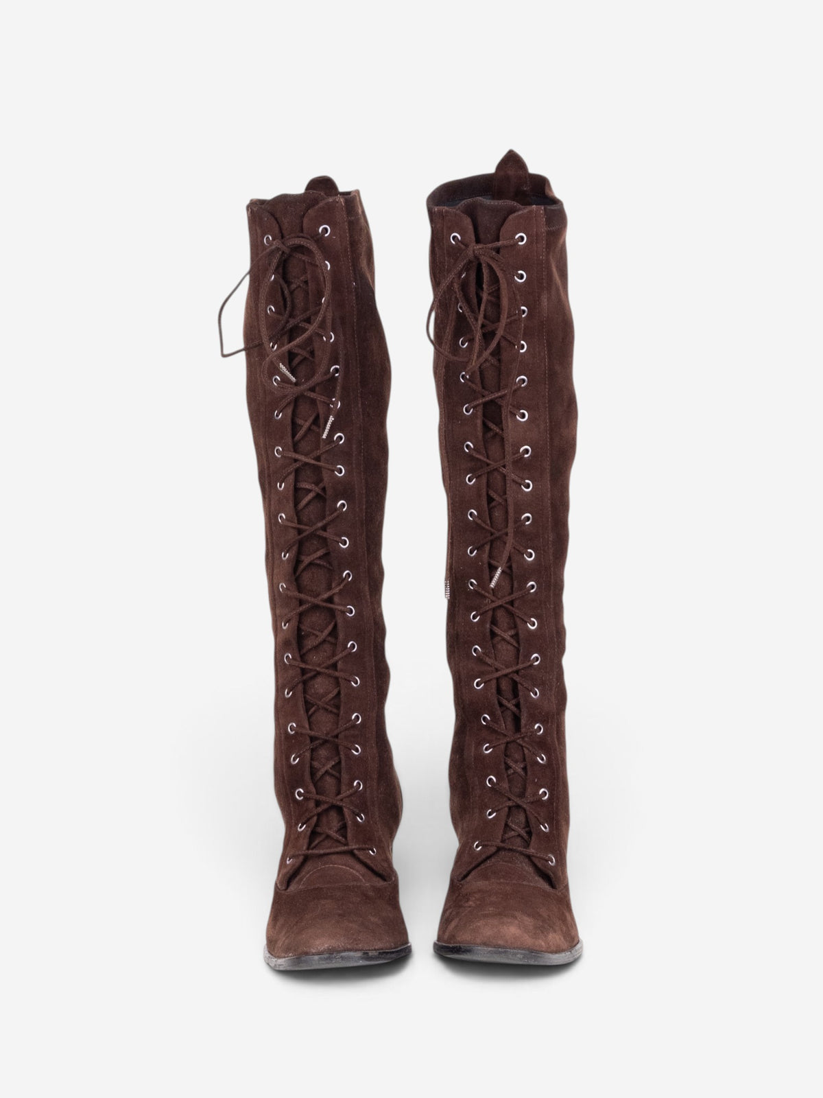 Dior by Galliano 2000s Knee-High Lace-Up Suede Heel Boots – angled view