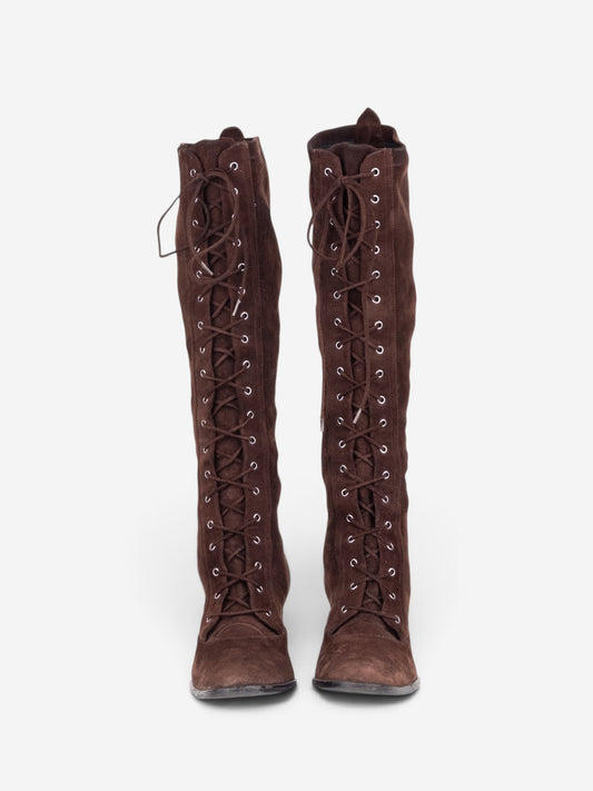Dior by Galliano 2000s Knee-High Lace-Up Suede Heel Boots – angled view