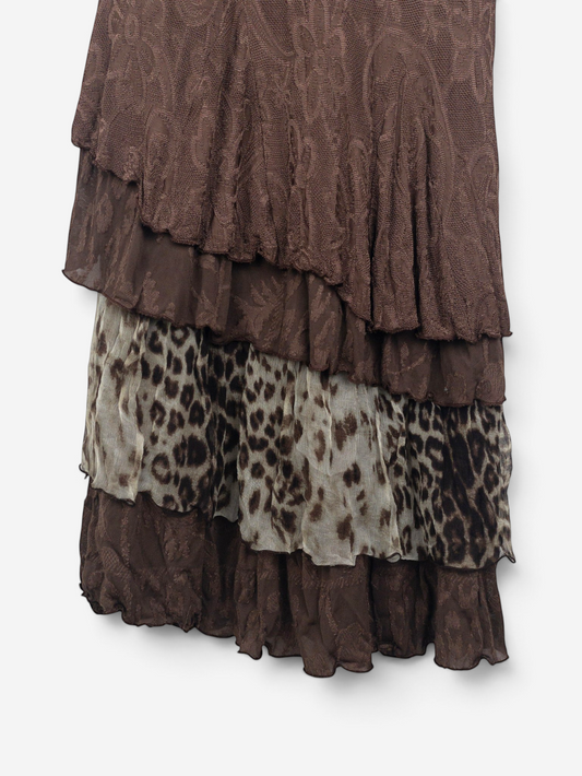 Roberto Cavalli 2000s Floral Leopard Ruffle Maxi Dress – ruffle hem detail