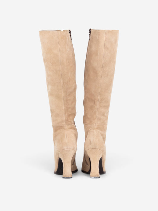 Prada 2000s Knee High Suede Sculptural Heel Boots – back view