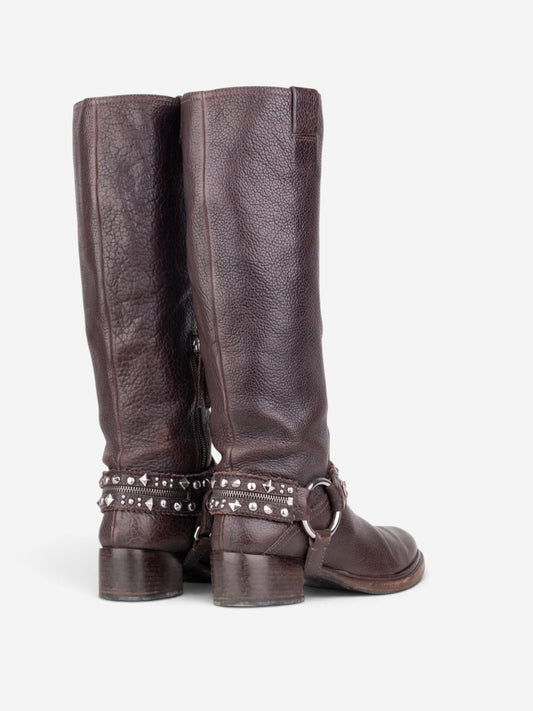 Miu Miu 2000s Knee-High Studded Harness Biker Riding Boots – back view