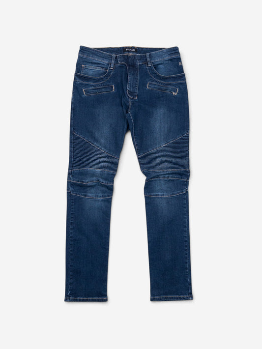 Balmain Dark Wash Biker Denim Jeans – front view