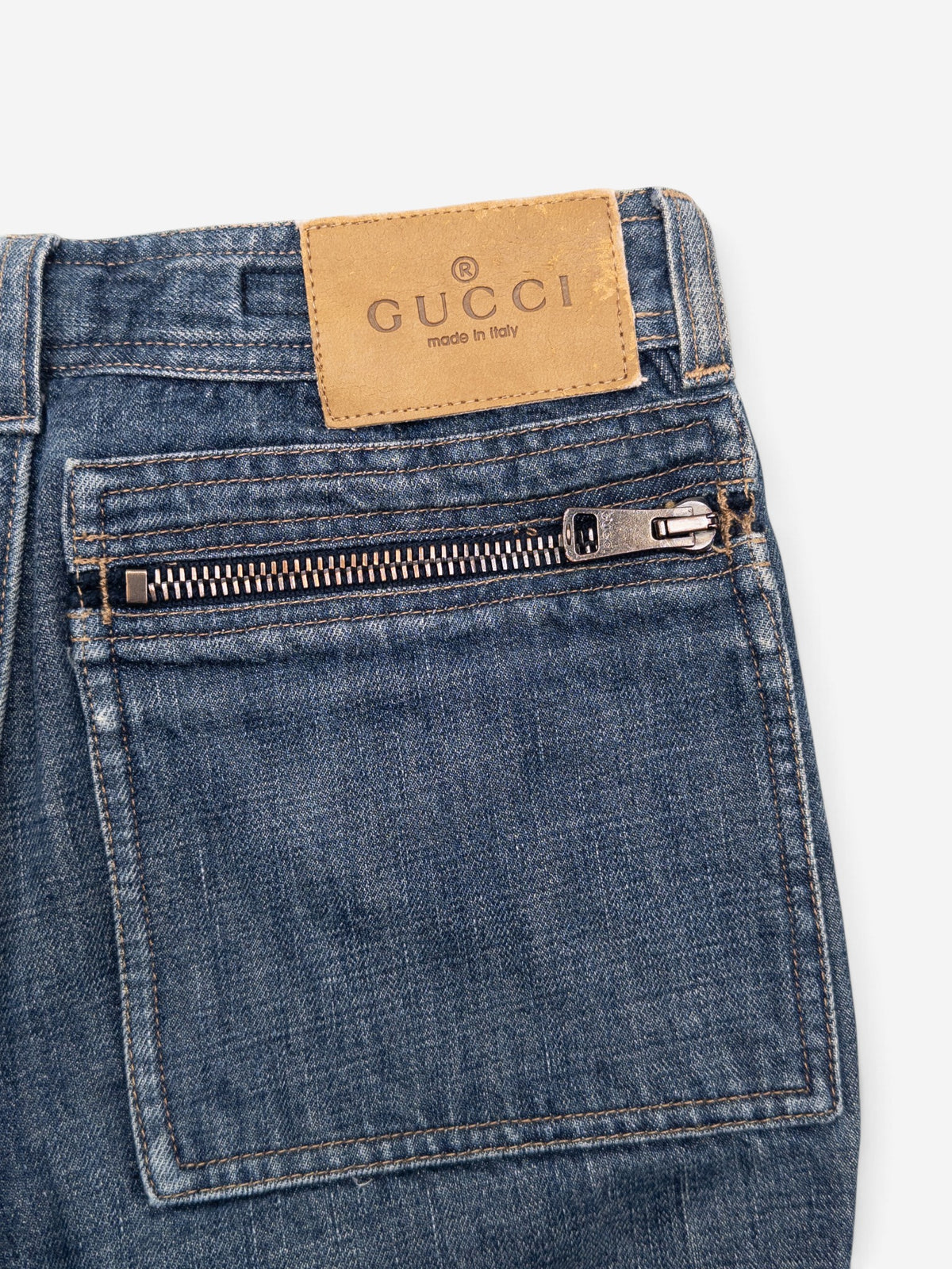 Gucci by Tom Ford SS02 Flared Sanded Bootcut Denim Jeans – zipper pocket and leather patch detail