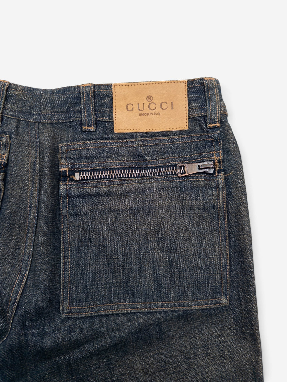 Gucci by Tom Ford SS02 Flared Sanded Bootcut Denim Jeans – zipper pocket and leather patch detail