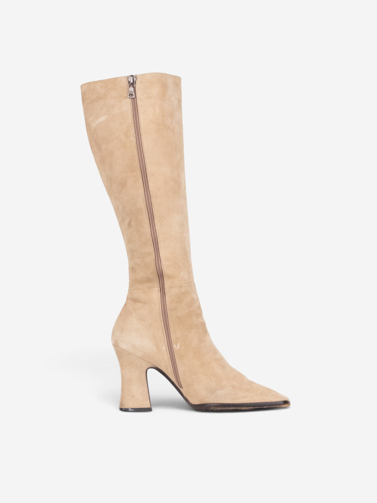 Prada 2000s Knee High Suede Sculptural Heel Boots – profile view
