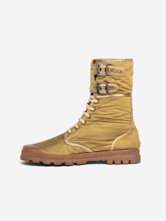 Helmut Lang AW03 Metallic Gold-Colored Bondage Combat Boots – profile view