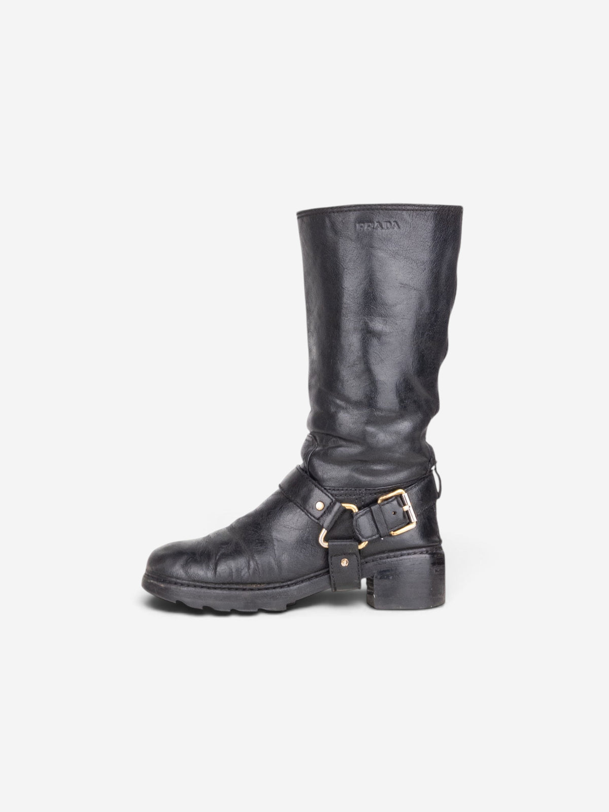 Prada 2000s Knee-High Biker Harness Riding Boots – profile view