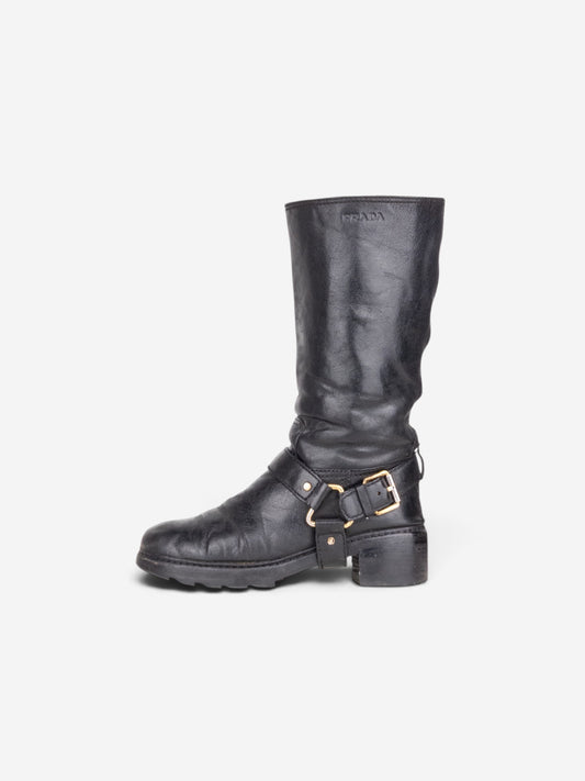 Prada 2000s Knee-High Biker Harness Riding Boots – profile view