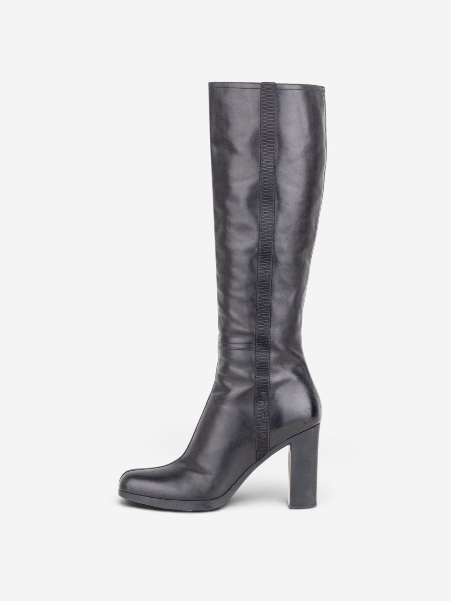 Prada 2000s Knee High Nylon Sidestripe Heel Boots – profile view