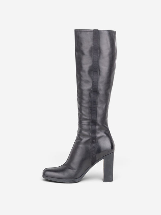 Prada 2000s Knee High Nylon Sidestripe Heel Boots – profile view