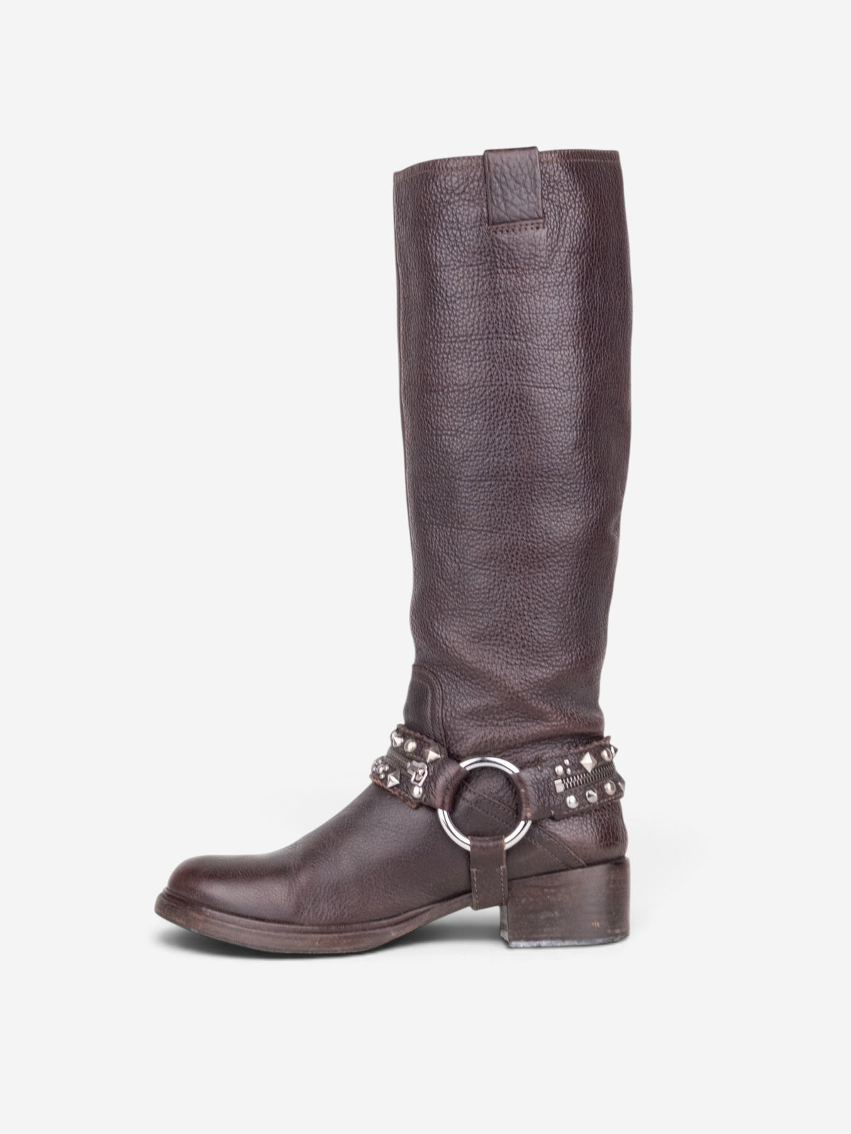 Miu Miu 2000s Knee-High Studded Harness Biker Riding Boots – profile view