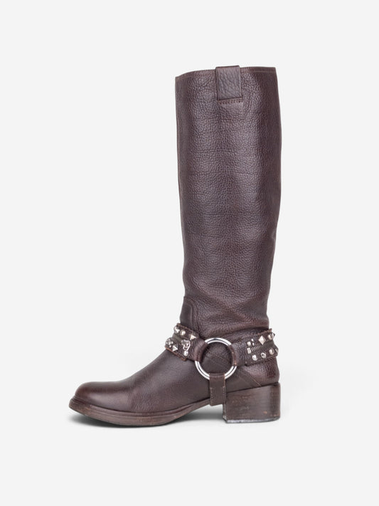 Miu Miu 2000s Knee-High Studded Harness Biker Riding Boots – profile view