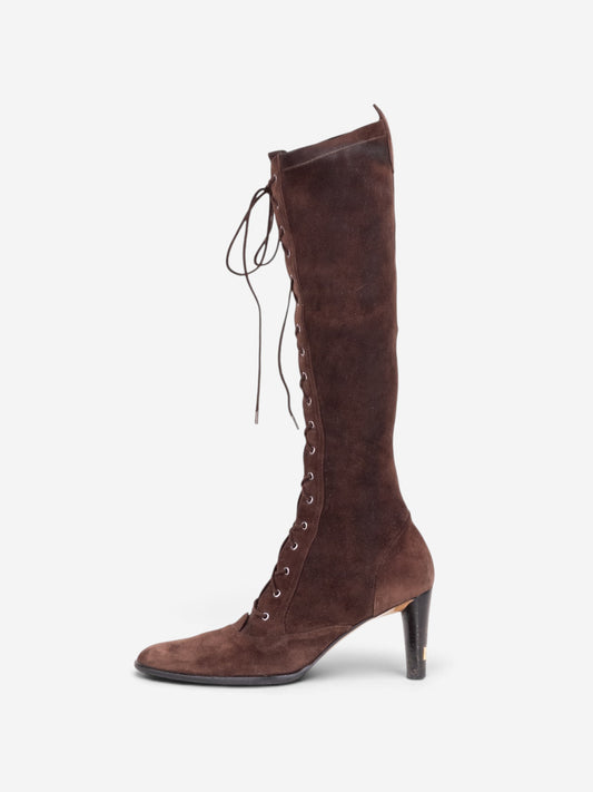 Dior by Galliano 2000s Knee-High Lace-Up Suede Heel Boots – profile view