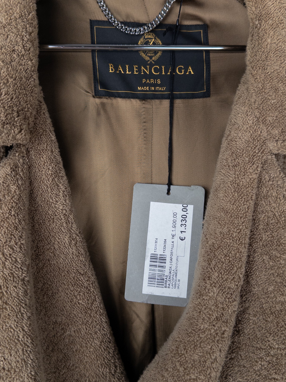 Balenciaga AW22 Double-Breasted Towel Trench Coat – brand label and tag detail