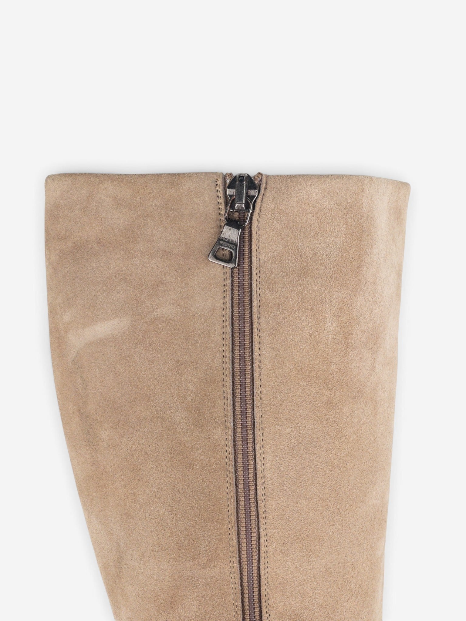Prada 2000s Knee High Suede Sculptural Heel Boots – detail view