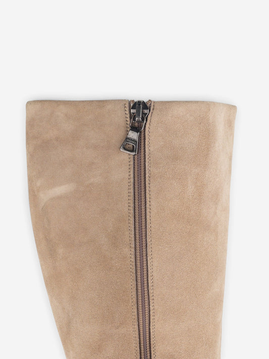 Prada 2000s Knee High Suede Sculptural Heel Boots – detail view