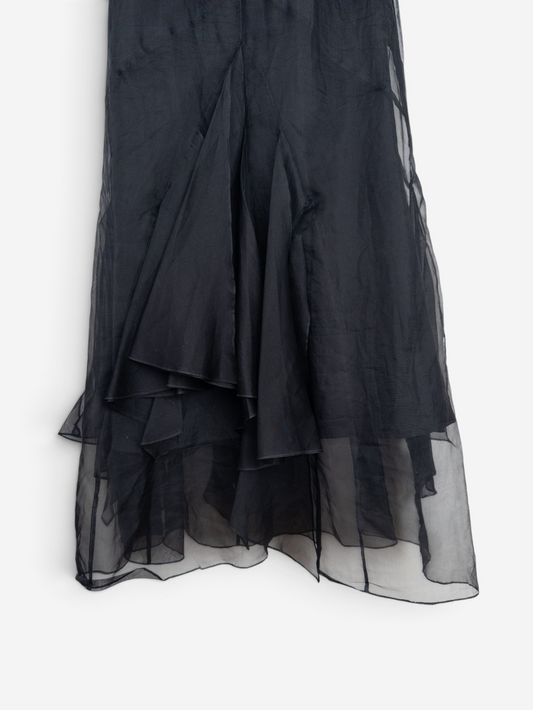 Roberto Cavalli 2000s Summer Tule Wrinkle Ruffle Maxi Dress – back hem detail