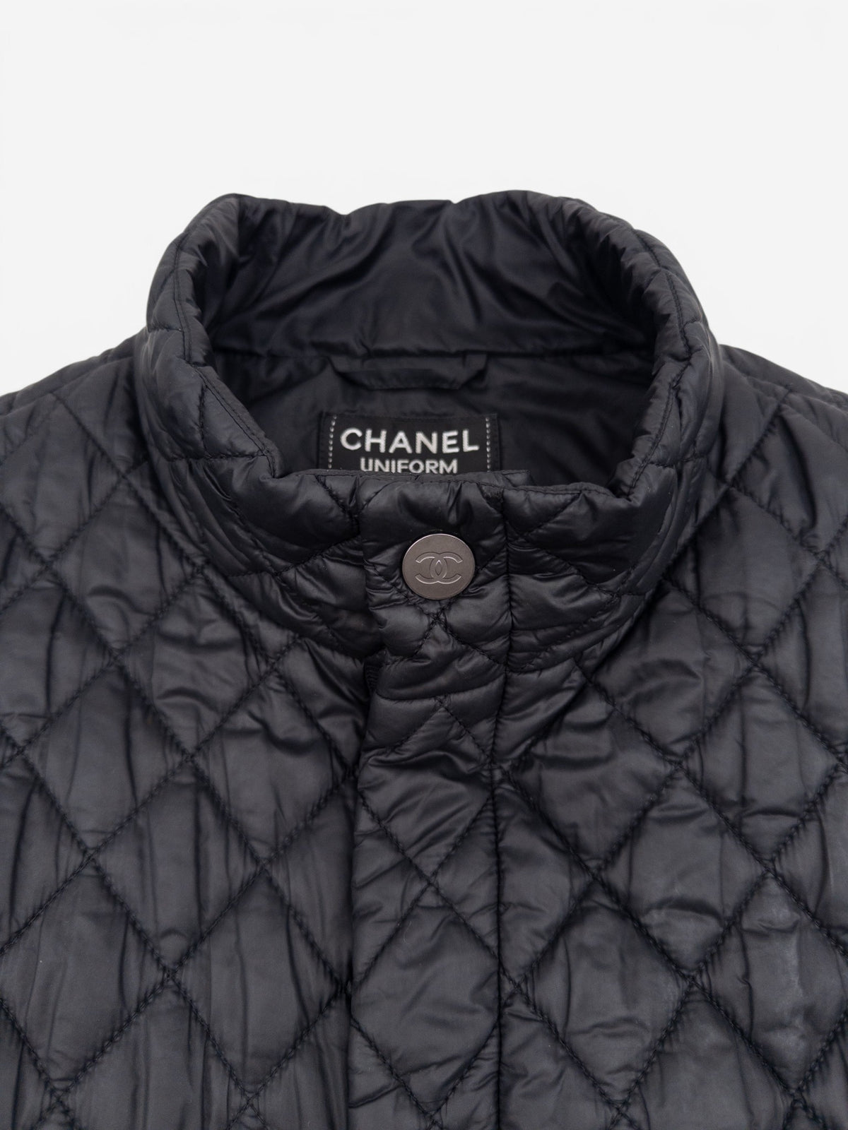 Chanel by Karl Lagerfeld 2010s CC Quilted Puffer Biker Vest – collar and brand label