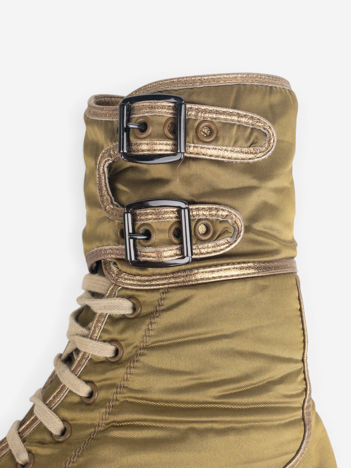 Helmut Lang AW03 Metallic Gold-Colored Bondage Combat Boots – detail view